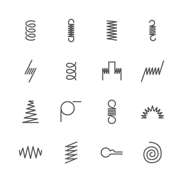 illustrations, cliparts, dessins animés et icônes de icônes de ligne plate ressort métallique. variété de bobine flexible, types de fil d’acier élastique. propriété de minces signes de flexibilité. pixel perfect 48 x 48, traits modifiable - machine part illustrations