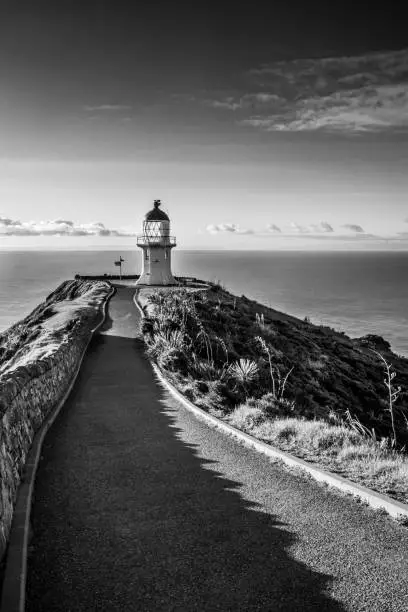 The iconic lighthouse at Cape Reinga, the northernmost point of New Zealand.