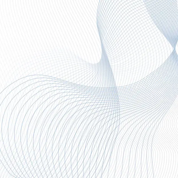 Vector illustration of Vector curved crisscross lines on white background. Abstract squiggly waveforms with text place. Contemporary template in light blue and gray tones. Waving line art design for scientific concept. Futuristic wave pattern. EPS10 illustration