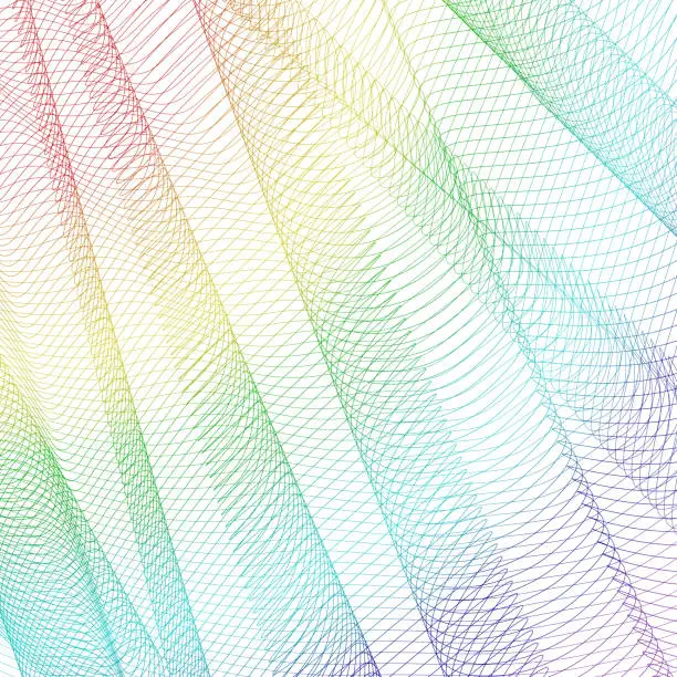 Vector illustration of Abstract rainbow colored pleated net. Wiggly background, radiate gradient. Vector line art pattern, textile textured effect. Glowing template for creative design. EPS10 illustration