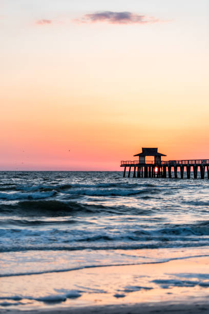 naples, flórida-de-rosa e laranja do sol vertical vista no golfo do méxico com o pôr do sol no interior de madeira cais cais, horizonte e as ondas do oceano azul escuro - florida naples florida beach sunset - fotografias e filmes do acervo