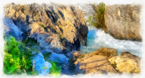 Colorful Illustration of white water river through rocks.