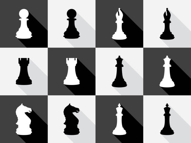 illustrazioni stock, clip art, cartoni animati e icone di tendenza di set di icone scacchi - black hobbies chess knight chess