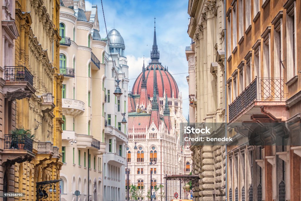 Parliament Building and ornate townhouses in Budapest Hungary Stock photograph of the Parliament building and old, ornate apartment buildings in Budapest, Hungary on a sunny day. Budapest Stock Photo