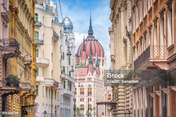 Parliament Building And Ornate Townhouses In Budapest Hungary Stock Photo - Download Image Now