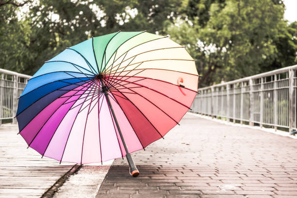 istock Rainbow umbrella on the floor in a park 974360042