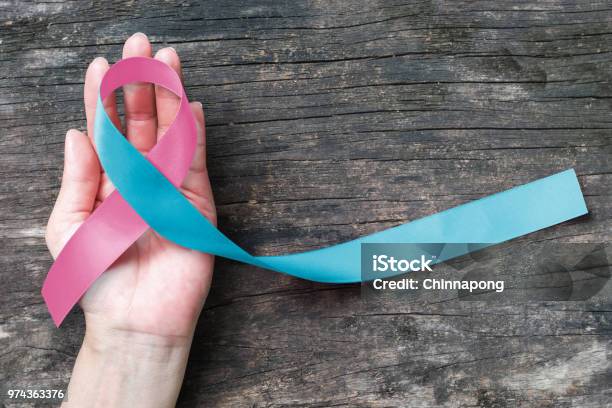 Pink Blue Ribbon Awareness Pregnancy Loss On Helping Hand Stock Photo - Download Image Now