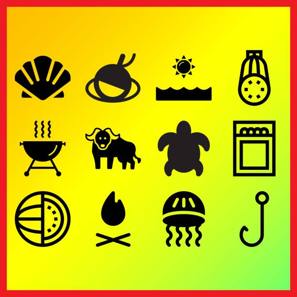 morze i słońce, ognisko i hak związane ikony zestaw - backgrounds beef close up cooked stock illustrations