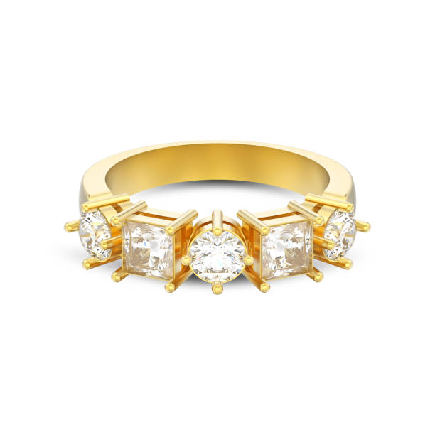istock 3D illustration isolated yellow gold decorative ring with different round and square diamond with shadow 974378090