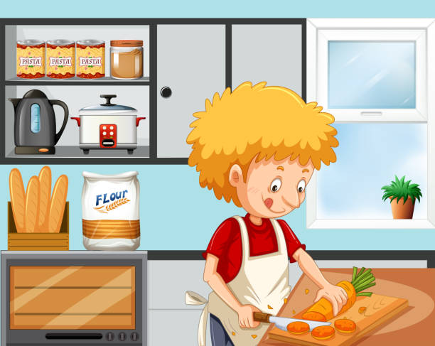 ilustrações, clipart, desenhos animados e ícones de jovem rapaz cozinhando na cozinha - healthy eating snack child domestic kitchen