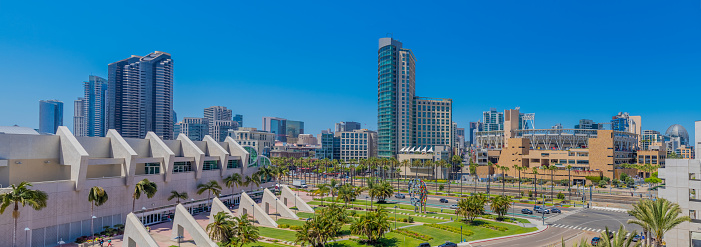 Panorama of downtown San Diego, Convention center and stadium