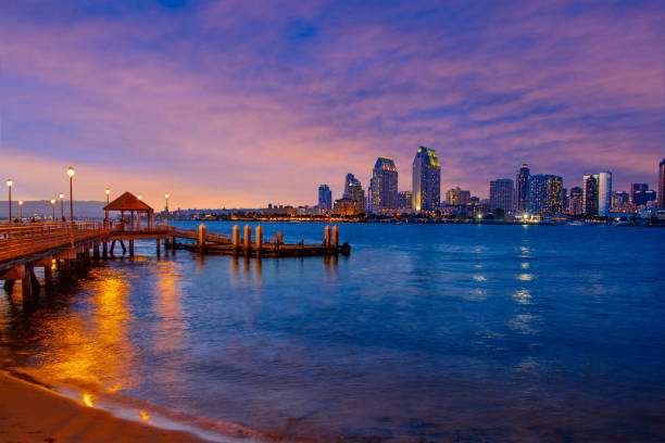 sunset city skyline of san diego, california (p) - san diego california skyline california san diego bay imagens e fotografias de stock