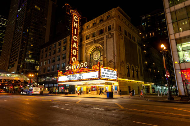 CHICAGO, ILLINOIS - MAY 29, 2018: The Chicago Theatre on a spring evening. This historic theatre was built in 1911 and is both a state and federal landmark.