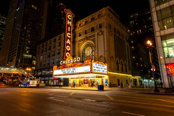 The Famous Chicago Theatre on a spring night. stock photo