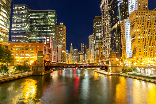 CHICAGO, ILLINOIS - JUNE 5, 2018: The LaSalle St. bridge and downtown Chicago on a spring evening.