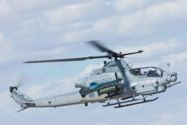 AH-1 Cobra attack helicopter against the sky, with missiles, rockets and machine gun