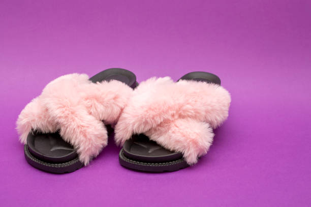 istock Summer women's sandals with pink down fluff 974558470