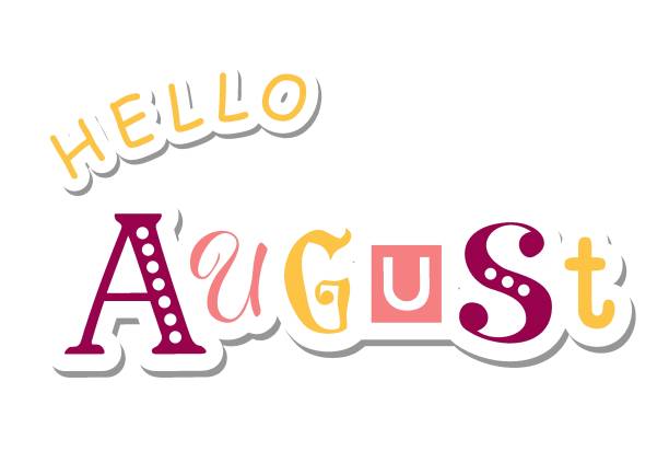 ilustraciones, imágenes clip art, dibujos animados e iconos de stock de colores letras de agosto hola con letras diferentes en violeta, rosa y amarillo en papel cortan estilo - bienvenido agosto