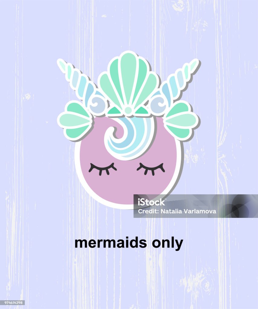 Cute template with Mermaid logo isolated on texture backgroud. Cute template with Mermaid logo isolated on texture backgroud. Mermaid Crown with sleeping  eyes for invitation, birthday, greetings, party, baby shop, t-shirt design, party props Prop stock vector