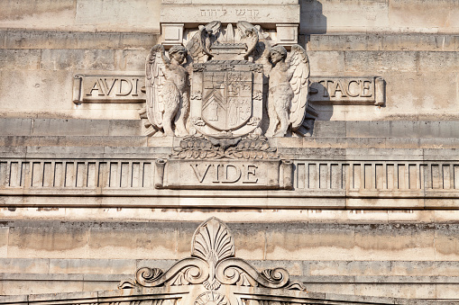 Freemasons Hall in Great Queen Street, detail of facade, London, United Kingdom