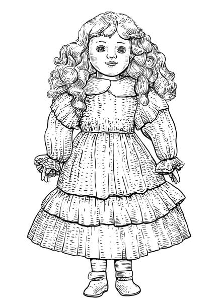 Porcelain doll illustration, drawing, engraving, ink, line art, vector Illustration, what made by ink and pencil on paper, then it was digitalized. doll stock illustrations