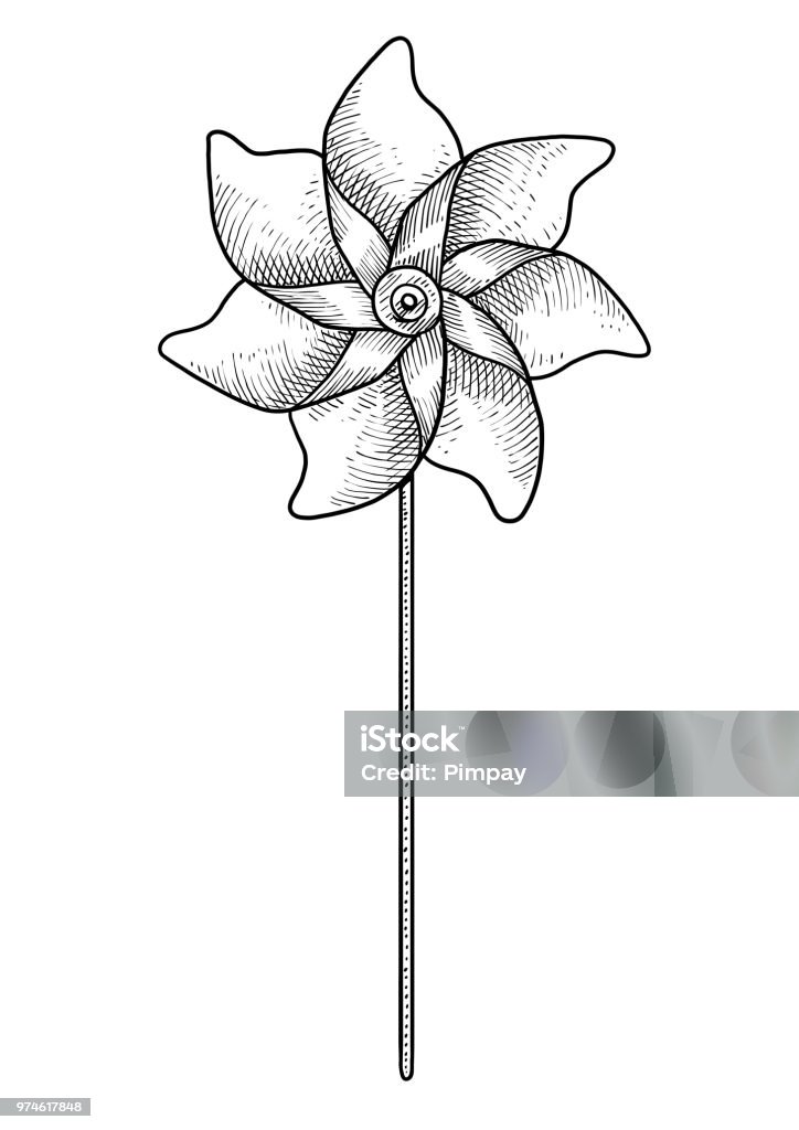 Pinwheel illustration, drawing, engraving, ink, line art, vector Illustration, what made by ink and pencil on paper, then it was digitalized. Wind stock vector