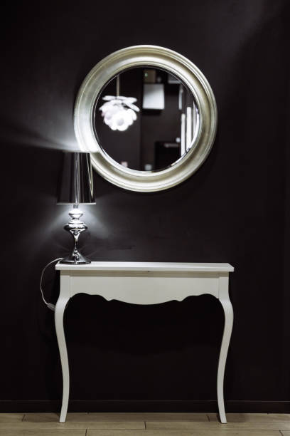 istock white mirror with white desk in front of black wall 974618452