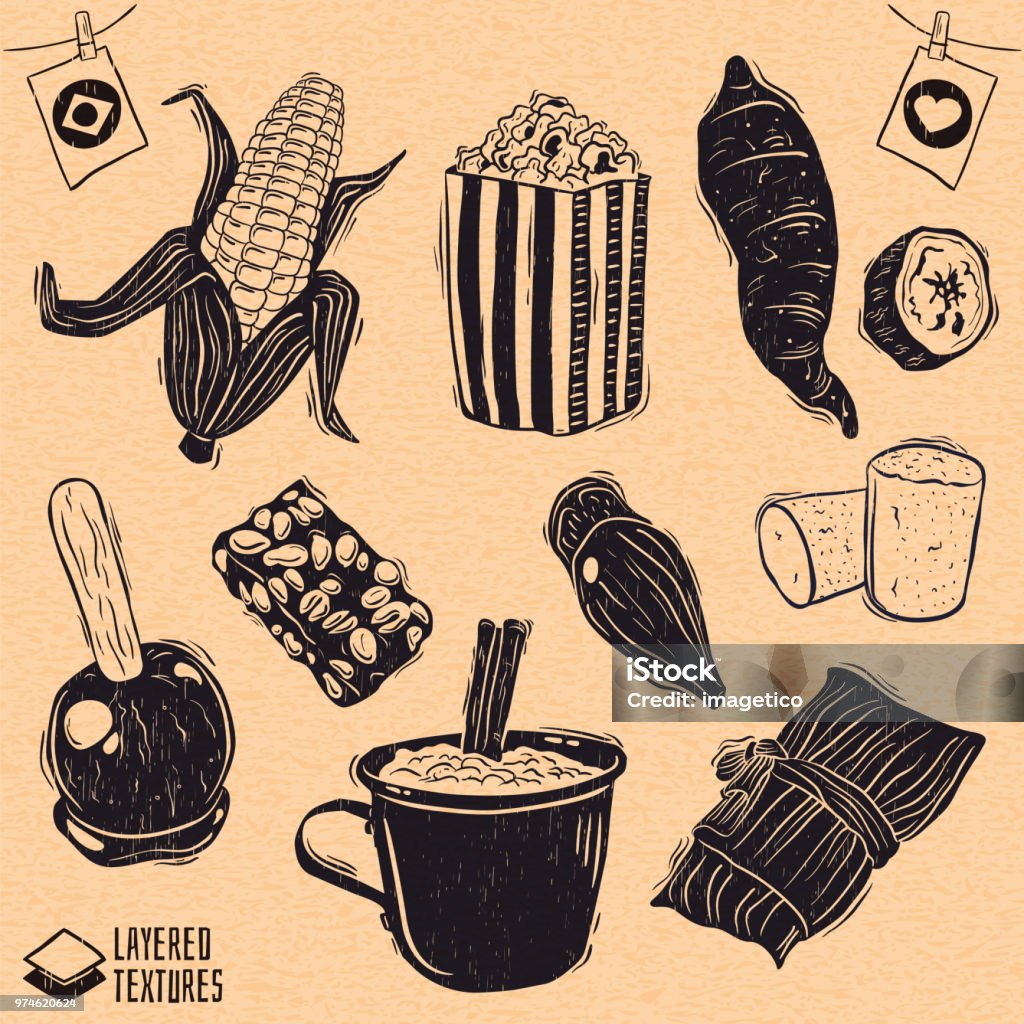 Brazilian June Party typical foods - Corn cob, popcorn, sweet potato, toffee apple, peanut candies (pe-de-moleque and pacoca), pinion, hominy pudding and corn candy (cural) Removable wood texture. Festa Junina stock vector