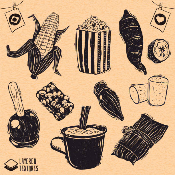 Brazilian June Party typical foods - Corn cob, popcorn, sweet potato, toffee apple, peanut candies (pe-de-moleque and pacoca), pinion, hominy pudding and corn candy (cural) Removable wood texture. woodcut stock illustrations