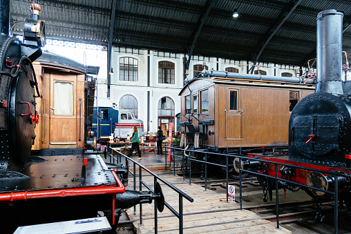 Madrid, Spain - June 9, 2018: Engine Market, Mercado de Motores, at Madrid Railway Museum. It takes over the old train museum of Delicias for a flea market.