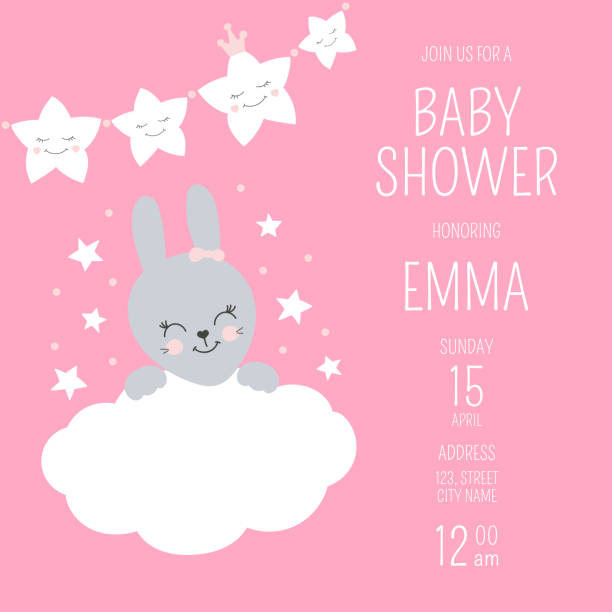 niedliche baby dusche mädchen laden karte vektor vorlage. rosa design-darstellung mit kleinen cartoon bunny und prinzessin sterne girlande. neugeborene kinder poster oder birthday party einladung hintergrund. - house cute welcome sign greeting stock-grafiken, -clipart, -cartoons und -symbole