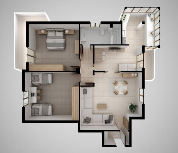 istock Apartment flat top view, furniture and decors, plan, cross section interior design, architect designer concept idea, white blank background 974623874