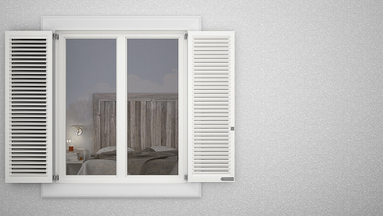 Exterior plaster wall with white window with shutters, showing interior bedroom, blank background with copy space, architecture design concept