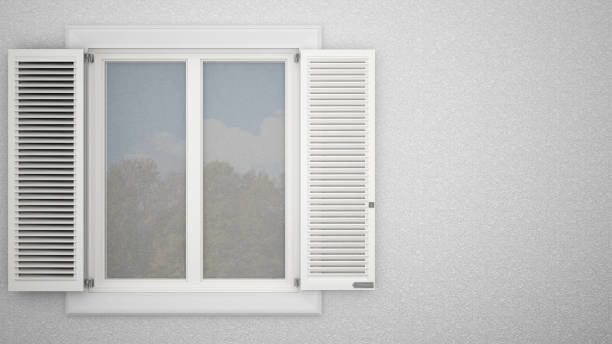 istock Exterior plaster wall with white window with shutters, garden reflections, blank background with copy space, architecture design concept 974624908