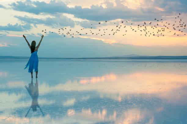 Freedom Freedom of life, free bird and woman enjoying nature women flying bird freedom stock pictures, royalty-free photos & images