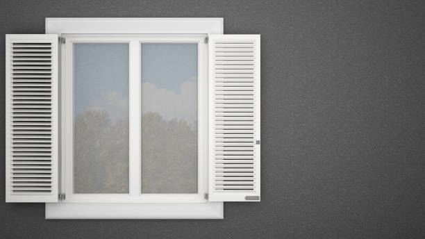 istock Exterior plaster wall with white window with shutters, garden reflections, dark gray background with copy space, architecture design concept 974627266