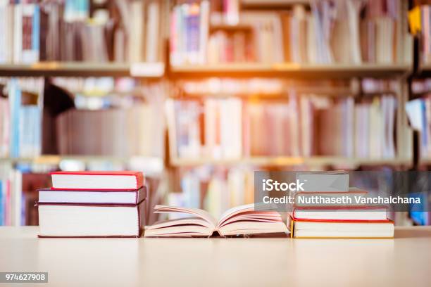 Book Stack Is Placed On The Library Desk Education Background Back To School Concept Stock Photo - Download Image Now