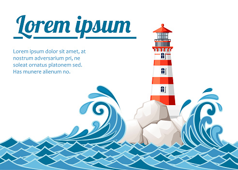 Stormy sea with lighthouse on rock stones island. Nature or marine design. Flat style. Vector illustration on white background with place for your text.