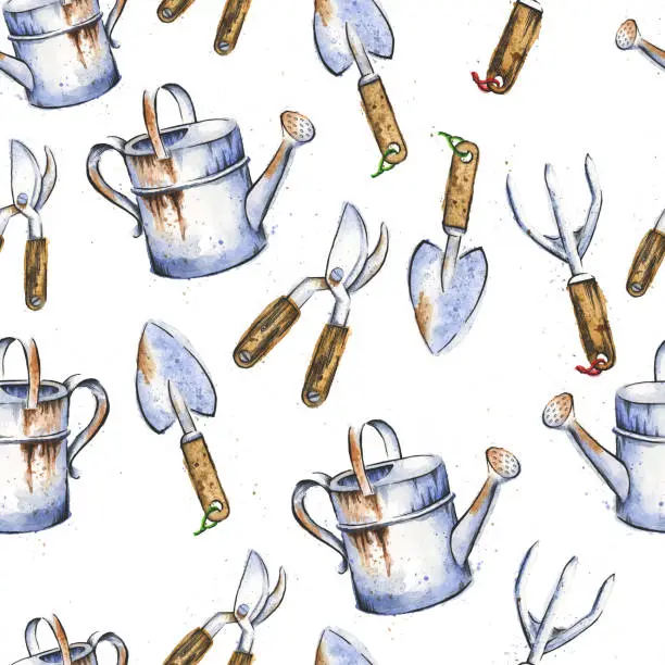 Vector illustration of Gardening Tools Watercolor and Ink Drawing in Seamless Pattern