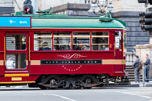 Melbourne, Australia - April 29, 2018: Close up view of red city tram.
