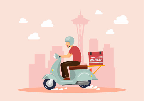 Delivery Boy Ride Scooter in Big City Delivery Boy Ride Scooter in Big City. Vector illustration cartoon of the seattle city stock illustrations