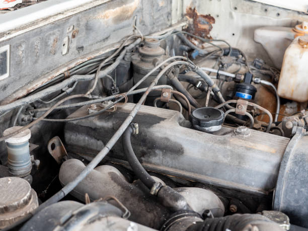 istock Old and dirty diesel fuel system car engine in the garage. 974636432