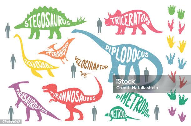 Set Of Colorful Dinosaurs With Lettering And Footprints Isolated On Wite Background Size Of Dinosaurs Vs Man Size Stock Illustration - Download Image Now