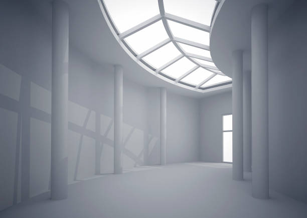 istock 3d illustration. White interior of nonexistent building. Long circular corridor with overhead lighting in perspective. Render. 974646988