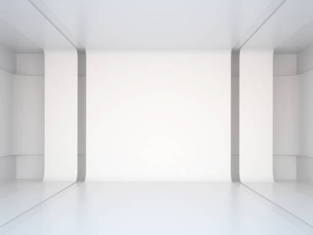 istock 3d illustration. White interior of not existing building with stripes on wall and ceiling. Symmetrical view, render. Place for text. 974647018