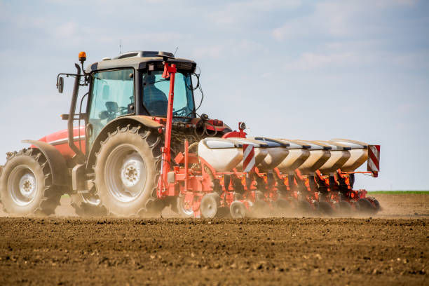 istock Farmer seeding, sowing crops at field. 974654538