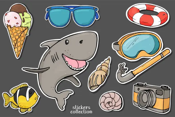 Vector illustration of Summer set on the theme of beach holidays. Colorful stickers in the style of the sketch.