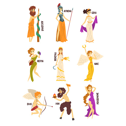 Olympian Greek Gods set, Persephone, Nike, Demetra, Hestia, Gera, Athena, Asclepius ancient Greece mythology characters character vector Illustrations isolated on a white background.