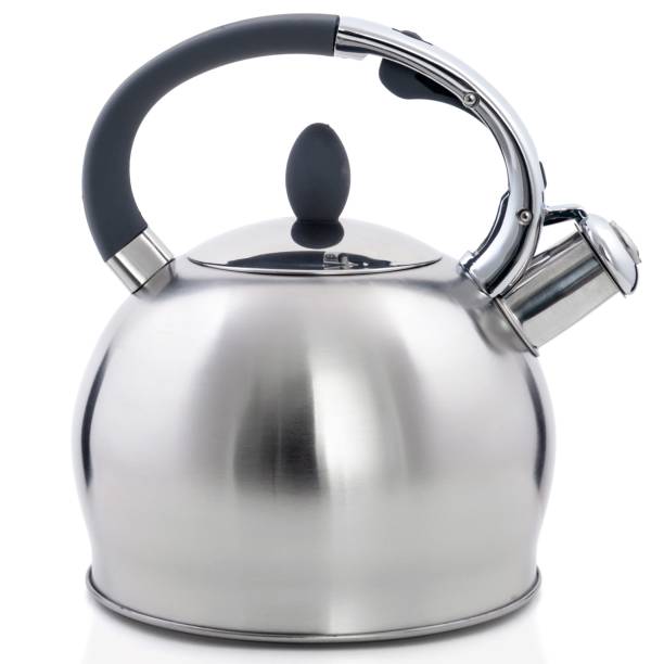 istock A new round metallic kettle with a brown handle on a white background 974667472