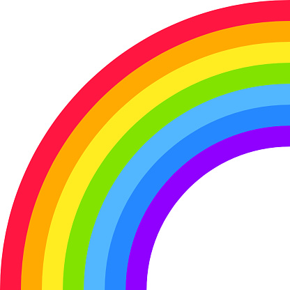 Rainbow half arc shape, quarter circle, bright spectrum colors, colorful striped pattern. Vector illustration.
